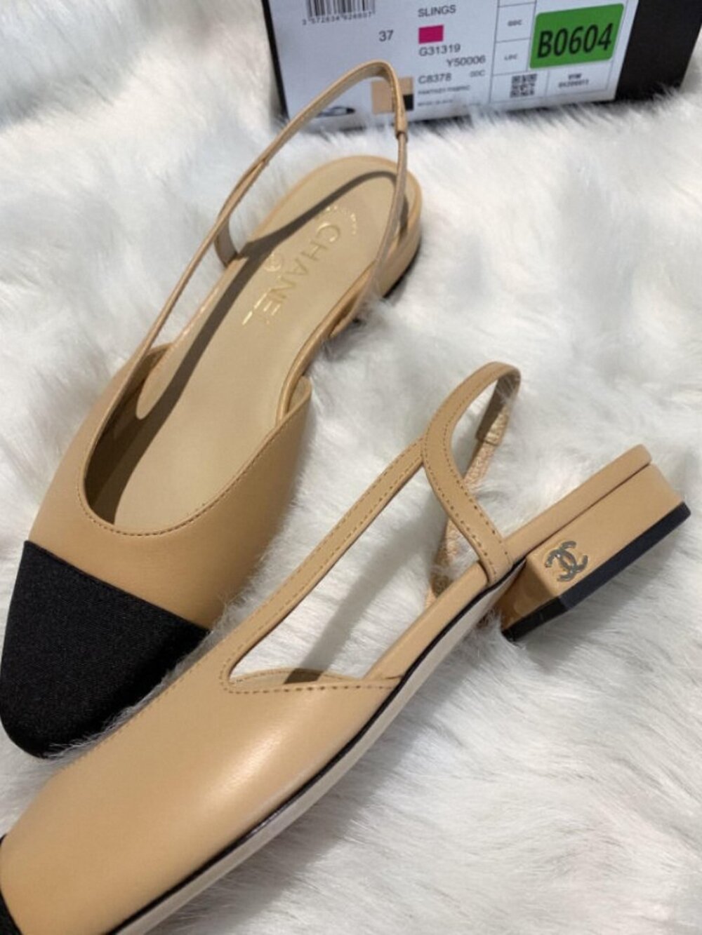 Chanel Classic Slingback Flats Beige & Black Grosgrain Toe Shoes - Picture 6 of 11